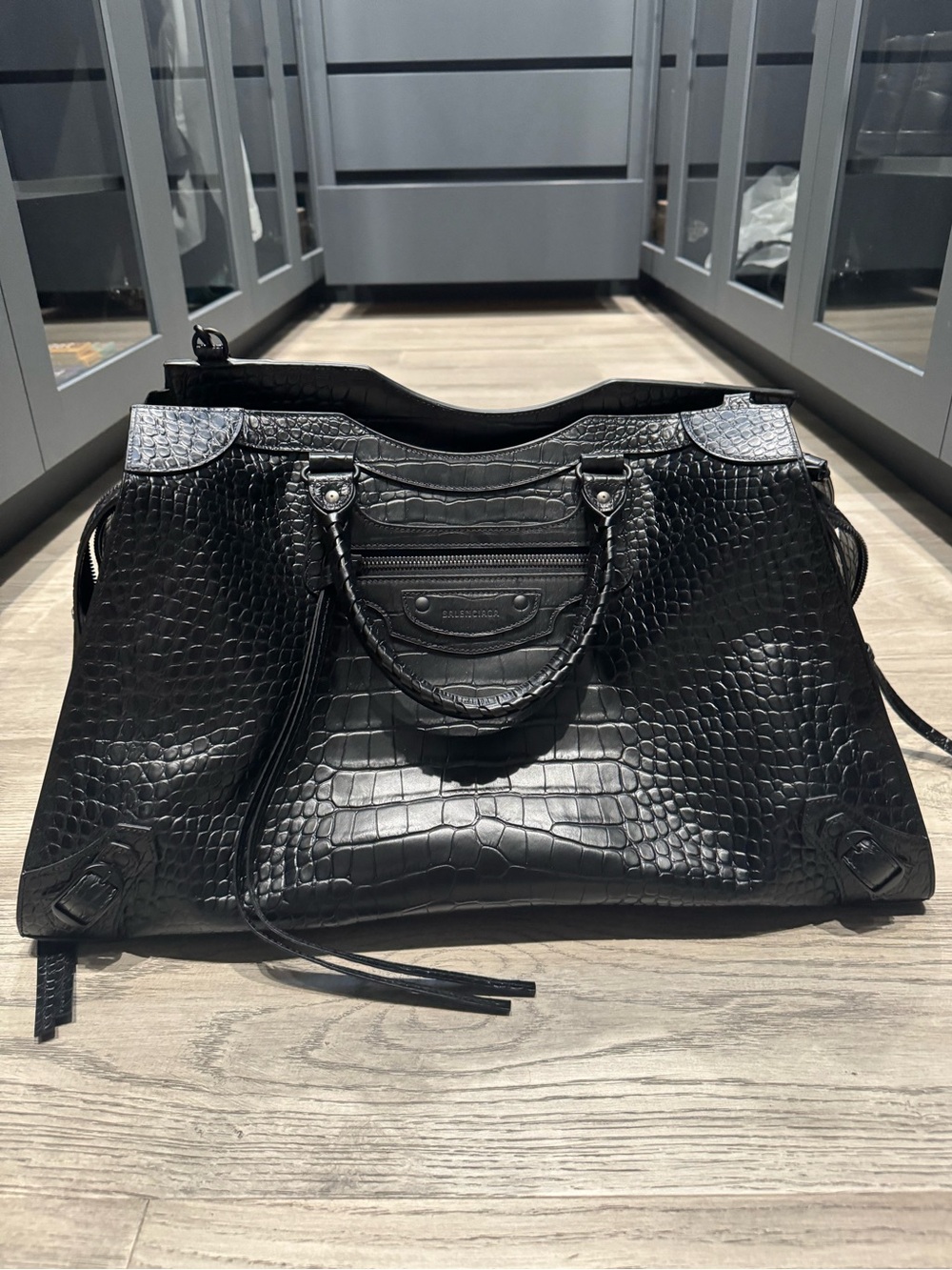 Black Croc-Embossed Tote Bag with Dual Handles